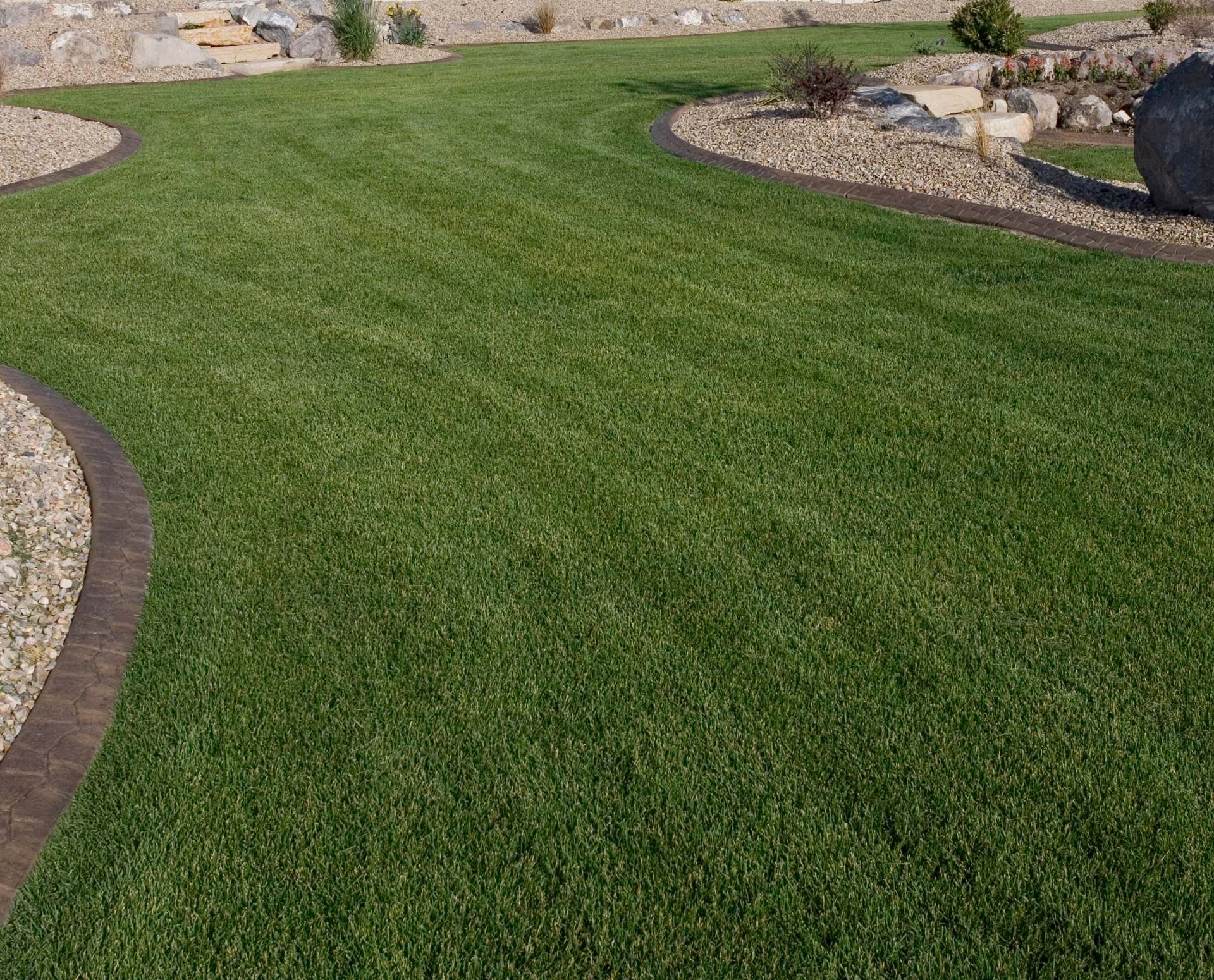 Professional landscaping with pristine green lawn, curved stone borders, and decorative landscaping elements showcasing LG Services quality work